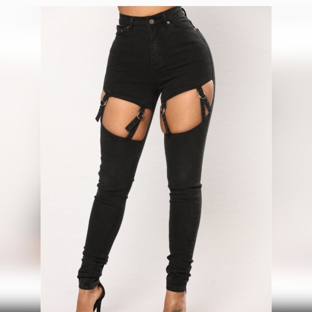 Sexy open thigh buckle pants